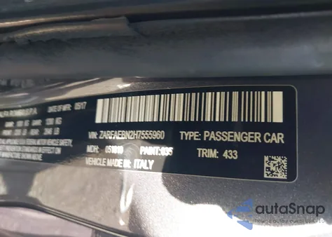 2017 Alfa Romeo Giulia Rwd z USA, uszkodzony, nr VIN ZARFAEBN2H7555960